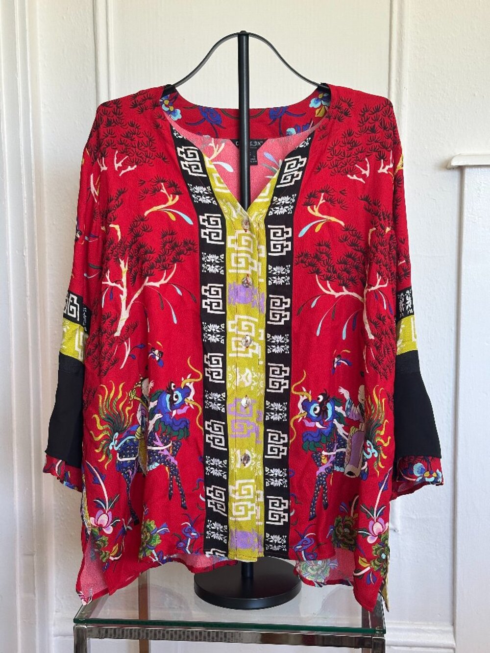 Citron 100% Silk Art Print Blouse | Red Asian Motif Top | Size 3X
